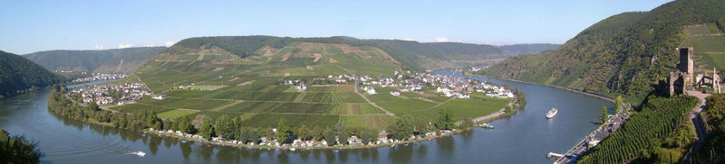Ausblick von der Burgruine Metternich oberhalb von Beilstein auf den gegenüber liegenden, mit Weinbergen bepflanzten Gleithang und die beiden Ortsteile Ellenz und Poltersdorf